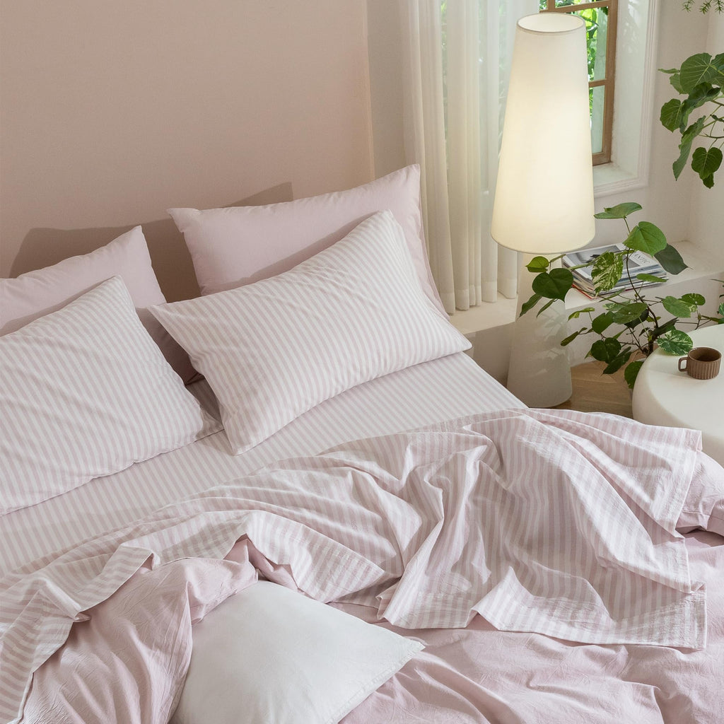 King Washed Cotton Sheet Set, 4-Piece, Linen-Like Stripe