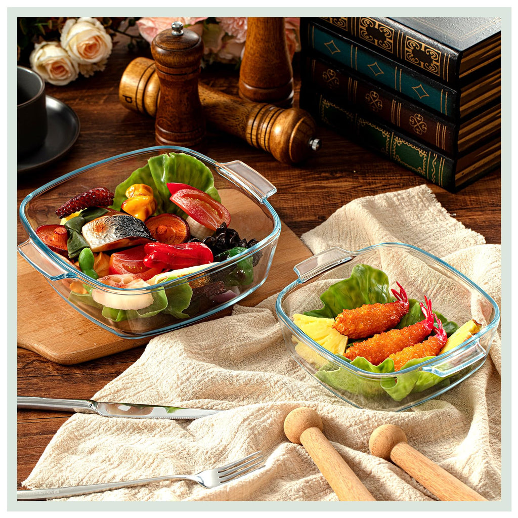 2 Pcs Glass Casserole Dish with Lid, 0.8L/1.5L Square Bakeware Set