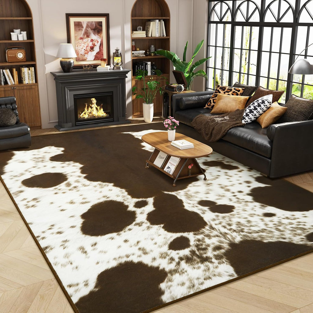 Faux Cowhide Rugs Bedroom, 8x10 Cow Print Area Rug | Machine Washable Non-Slip Stain Resistant Rug Premium Western