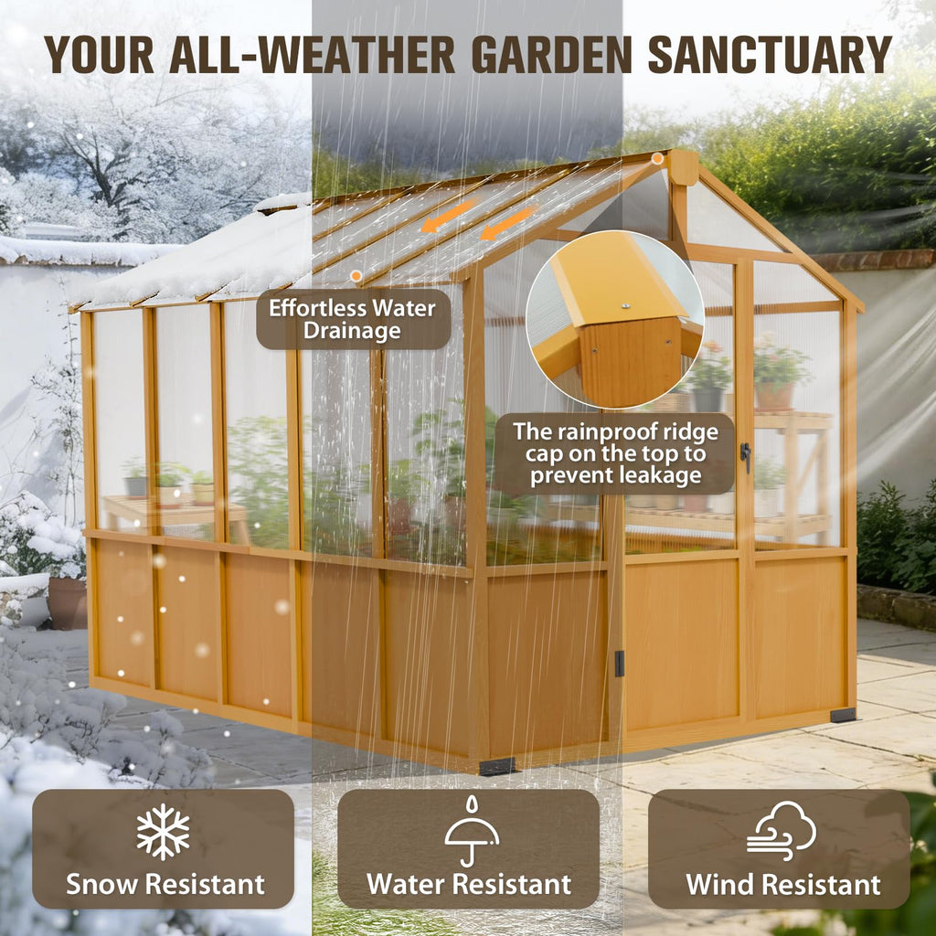 6x10ft Cedar Wood Greenhouse with Roof Vents, Outdoor Greenhouse Kit, Weather Resistant Plant Garden House, Natural
