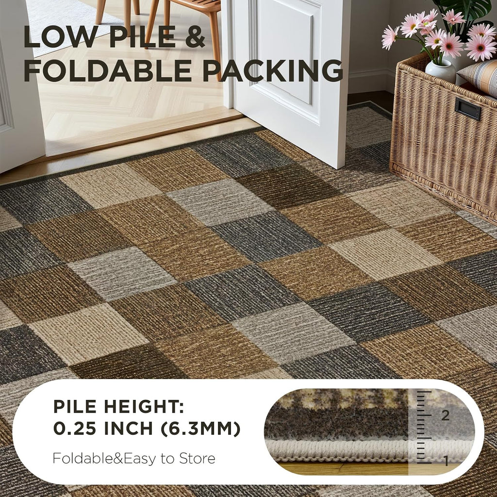 Checkered 8x10 Living Room Area Rugs, Brown Beige Light Gray