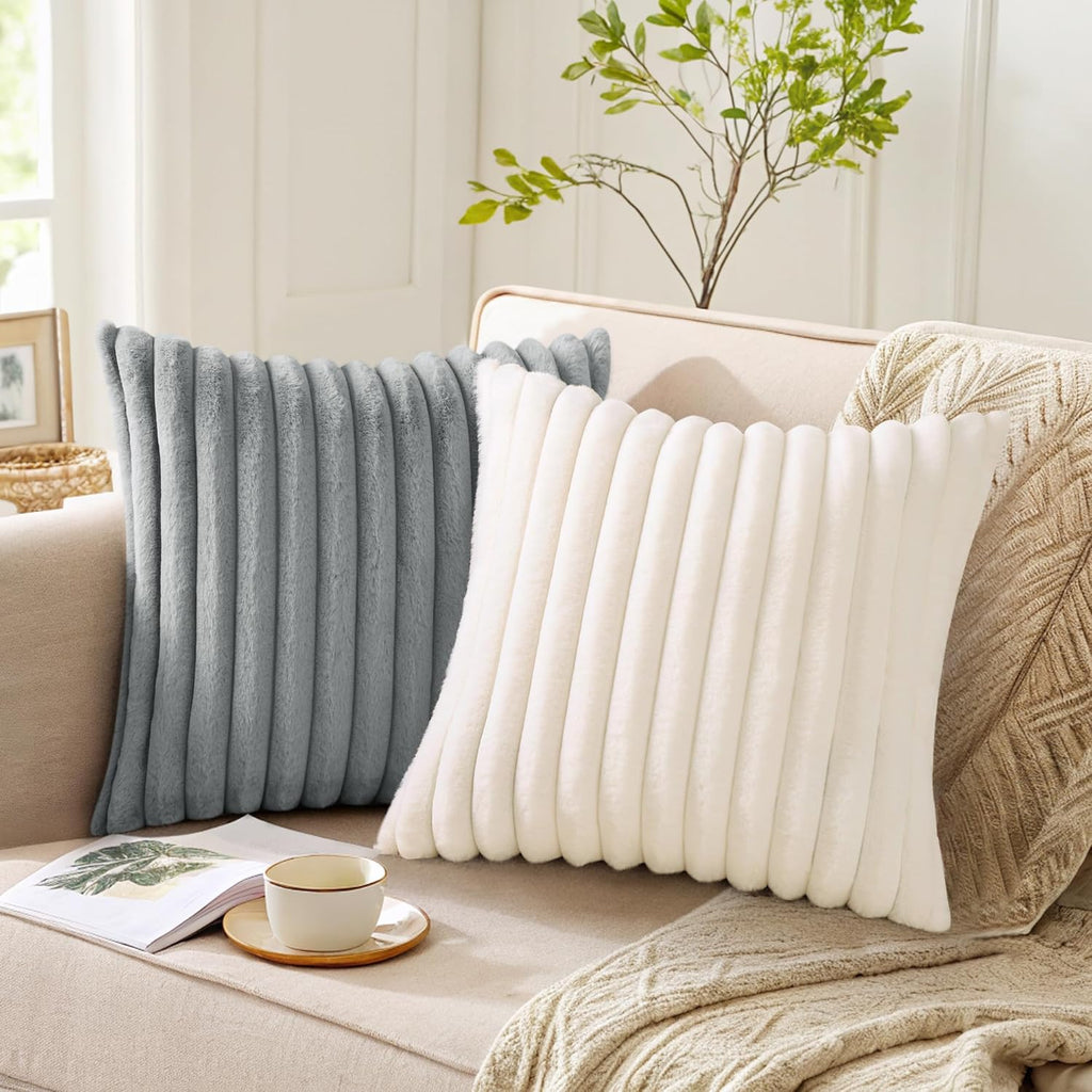 Faux Fur Plush Throw Pillow Covers 18x18 Set of 2, Luxury Soft Fluffy Striped Decorative Pillow Covers, Grey