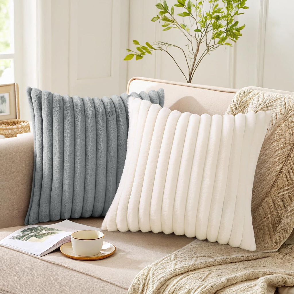 Faux Fur Plush Throw Pillow Covers 18x18 Set of 2, Luxury Soft Fluffy Striped Decorative Pillow Covers, Grey