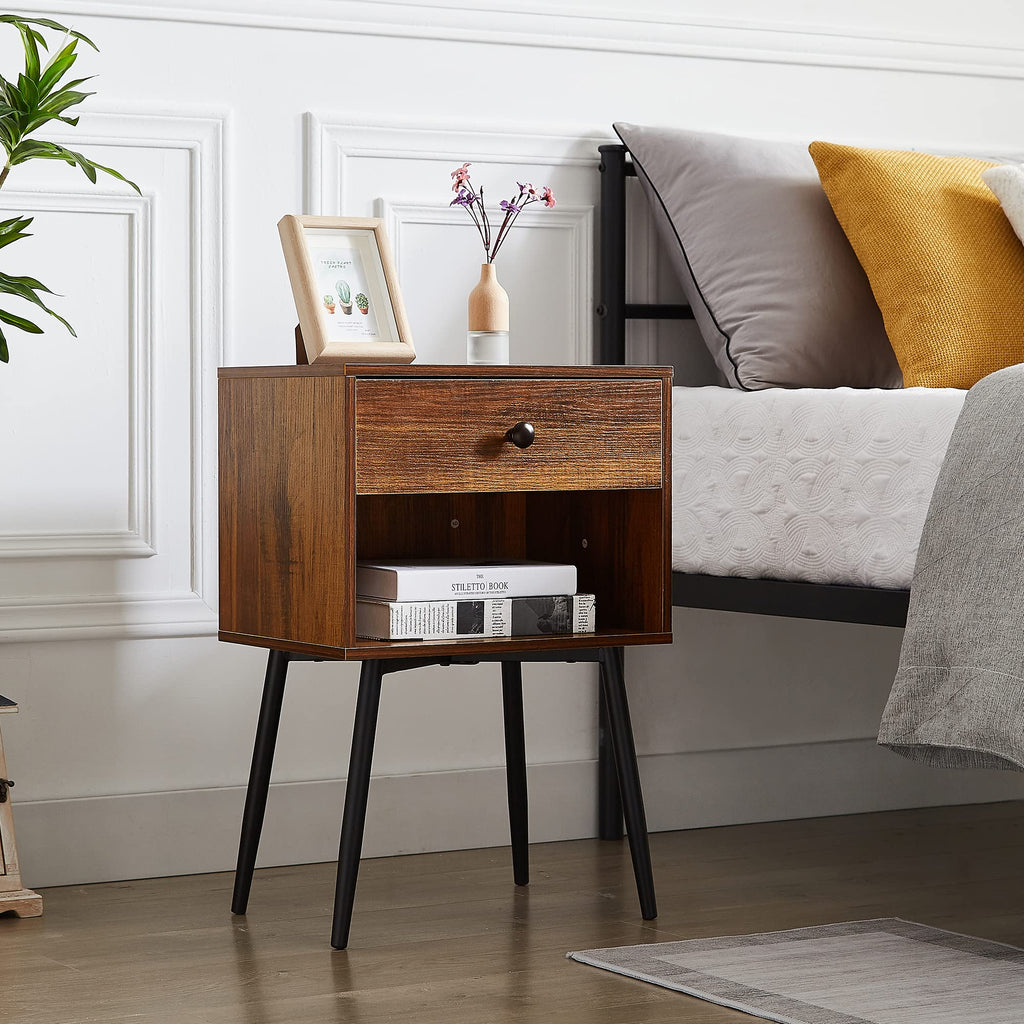 Nightstands Set of 2, Mid Century Modern End Bedside Table, Night Stand with Storage Drawer and 2 Tiers Open Shelf