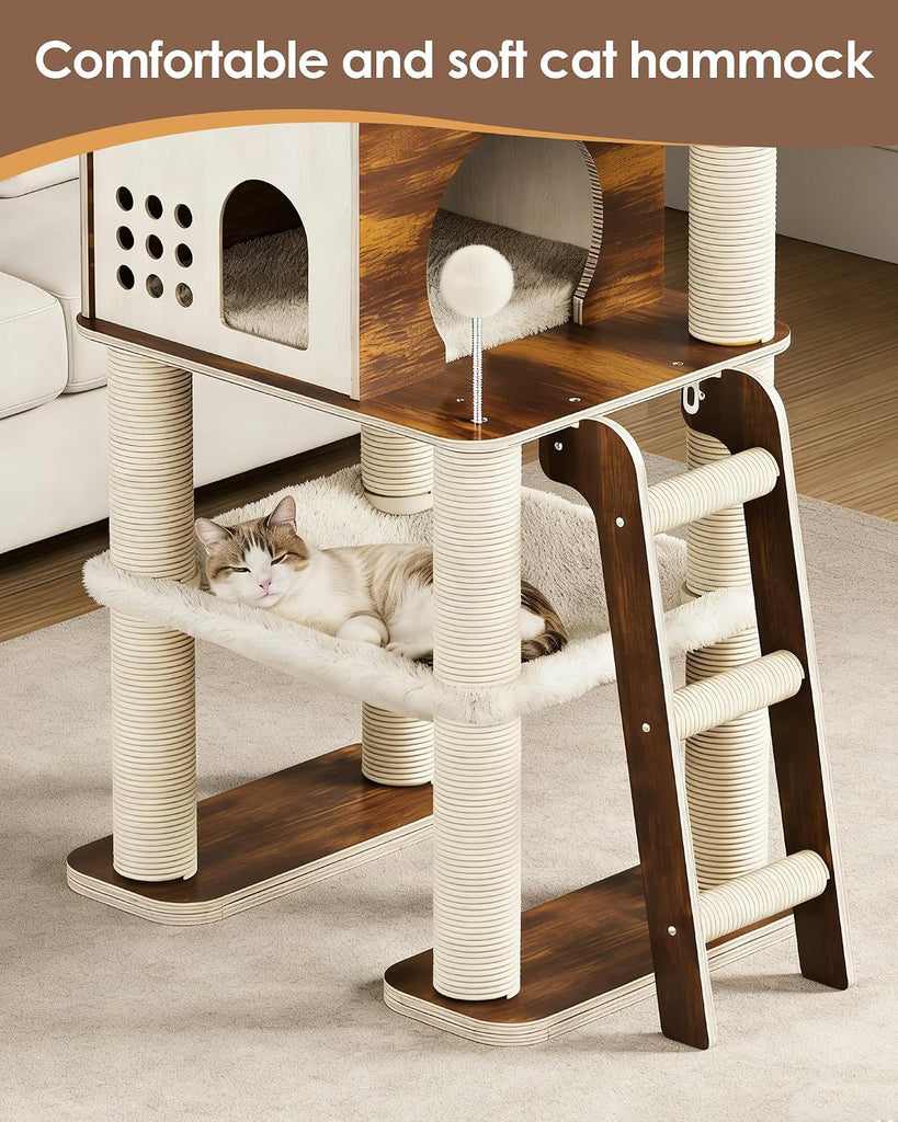 Modern Cat Tower, 60.3 Inches Multi-Level Cat Tree with Dark Wood-Look Panels, Sisal Scratching Posts, Hammock &