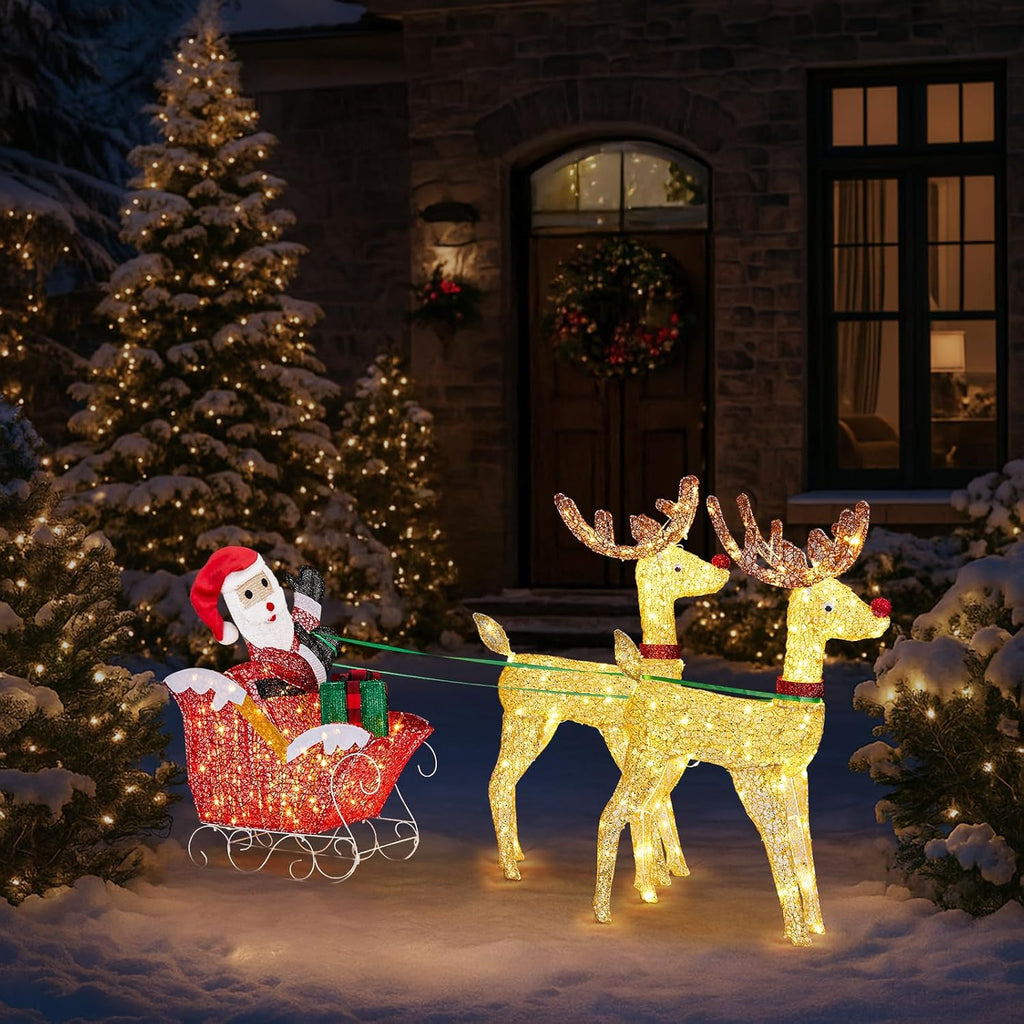 Christmas Lighted Reindeers with Santa Claus Sleigh Set 3FT, 270 LEDs 30V