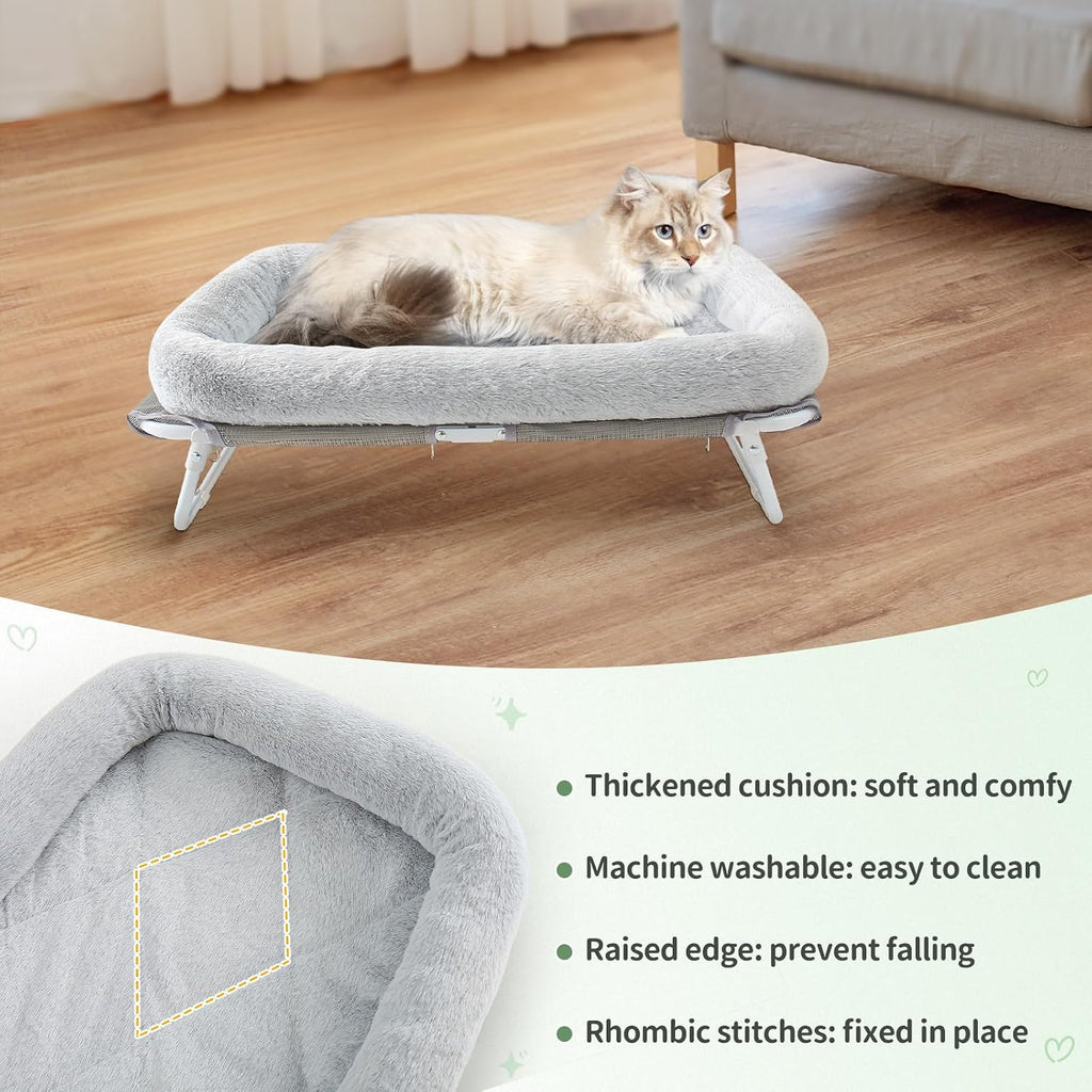 Elevated Cat Bed Foldable Raised Pet Hammock Self-Supporting Puppy Lounger with Off Floor Metal Frame Washable Cover