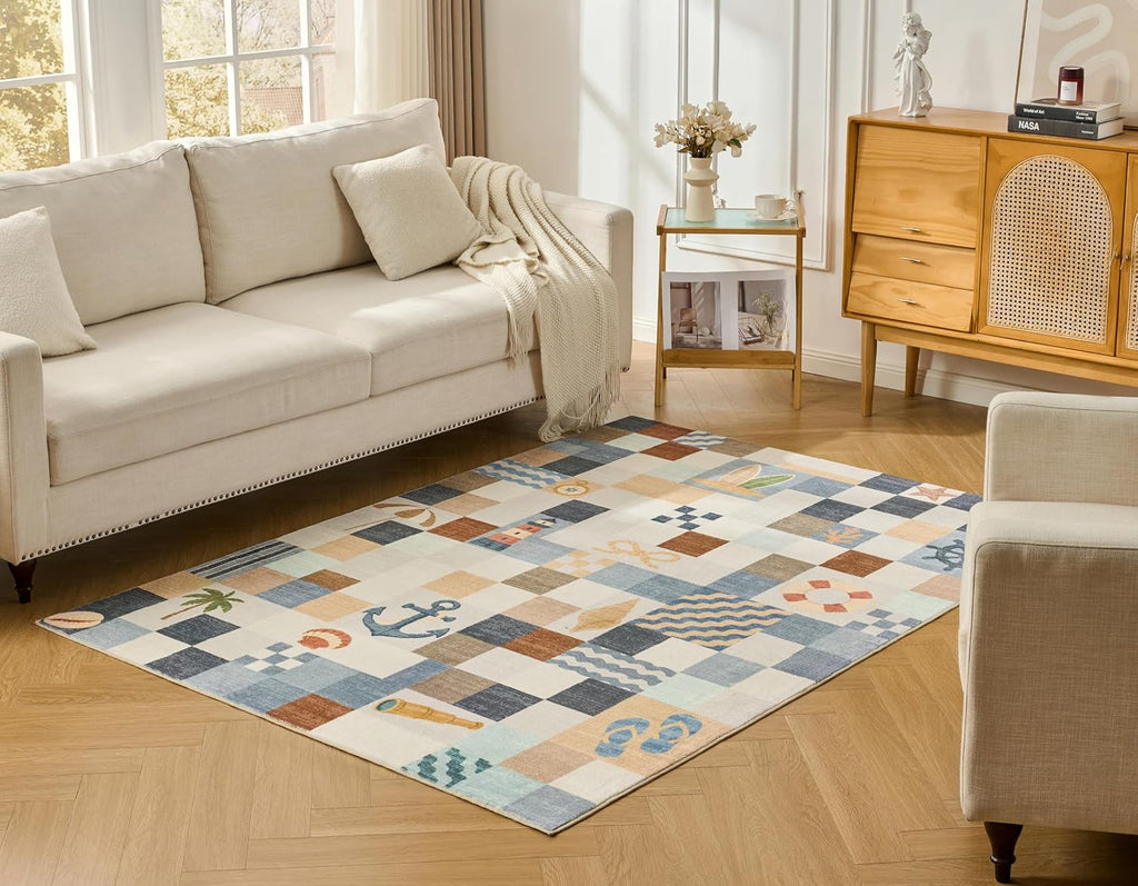 Patchwork Plaid Washable Rug Coastal Classroom (Checkerboard Blue, 5' x 7')