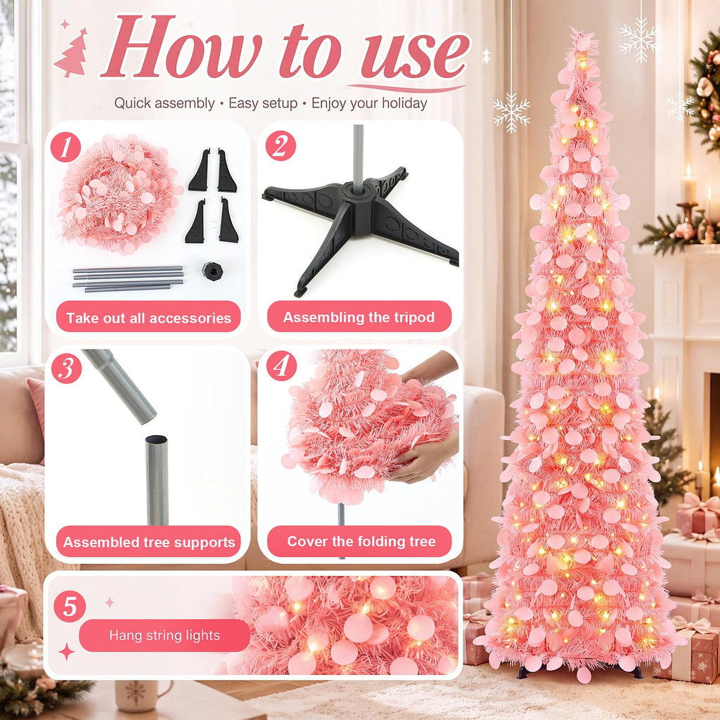 2 Pcs 5 ft Collapsible Artificial Pink with LED Light