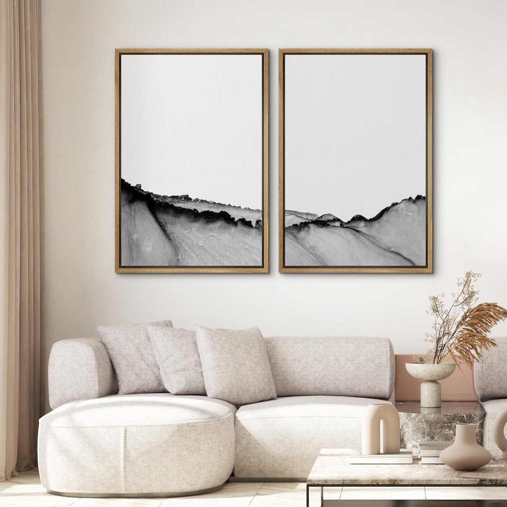 Framed Wall Art Print Set Black Paint Stroke Wave Collage Abstract Shapes Illustrations Modern Art Rustic Relax/Calm