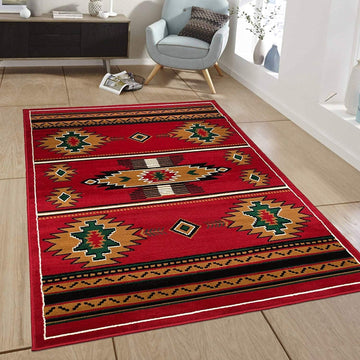 Southwest Native American Navajo Indian Design Rustic Aztec Lodge Geometric #CR29 Red Carpet Area Rug (5' 3" X 7' 5")