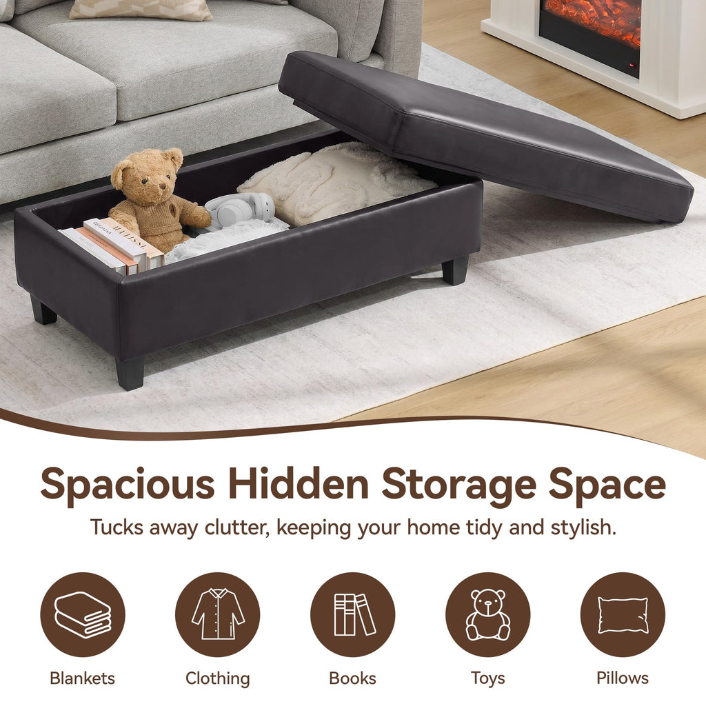 45" Faux Leather Storage Ottoman Bench with Wooden Tray, Dark Brown Large Upholstered Foot Stool, Multifunctional