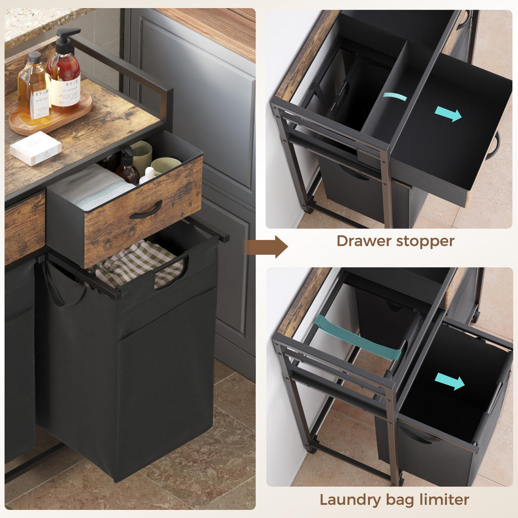 Laundry Sorter 2 Section with 2 Bags 4 Wheels 2 Drawers