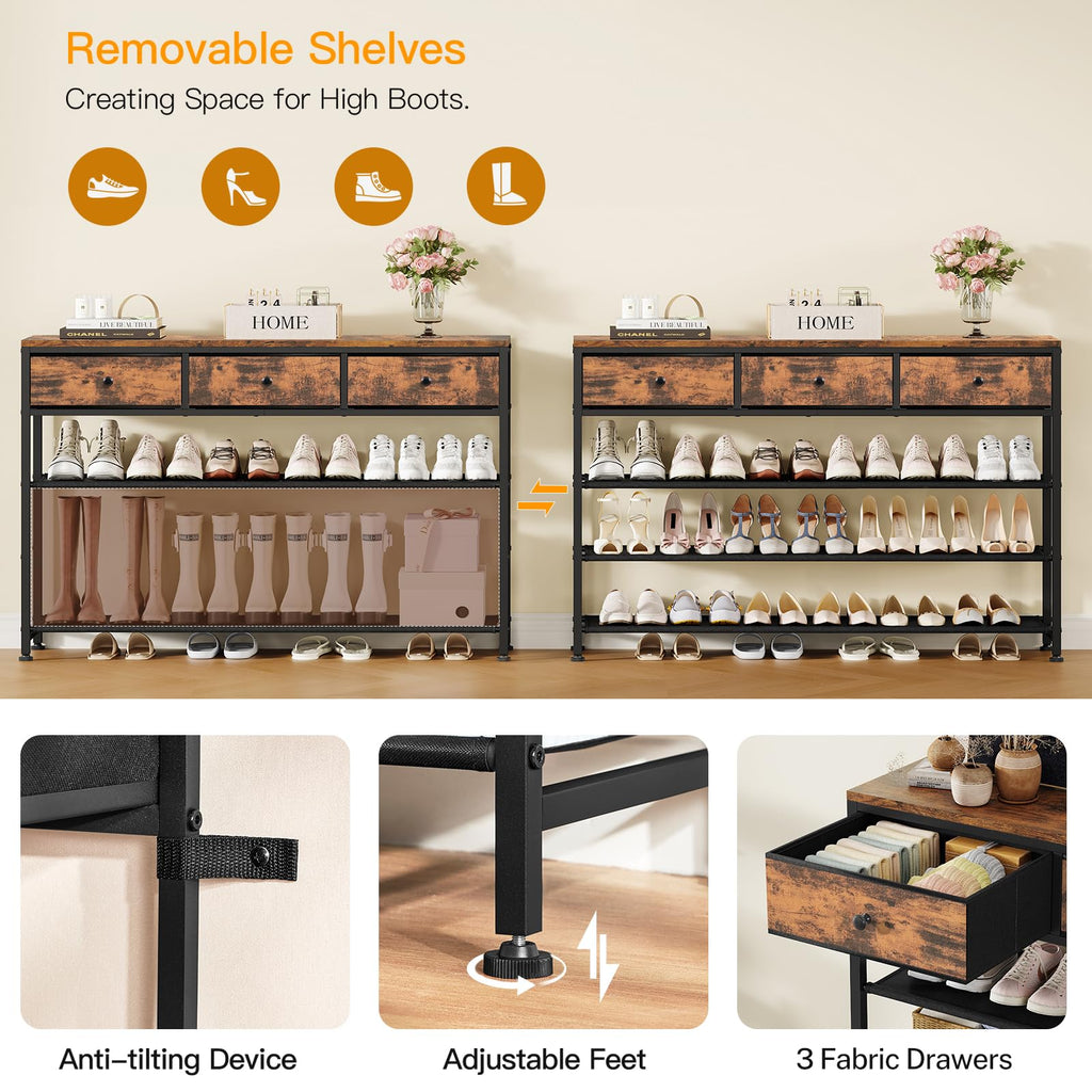 4 Tier Shoe Rack with 3 Drawers & 3 Oxford Fabric Shelves, Holds 15-18 Pairs, Metal Shoe Storage with Wood Top, Shoe
