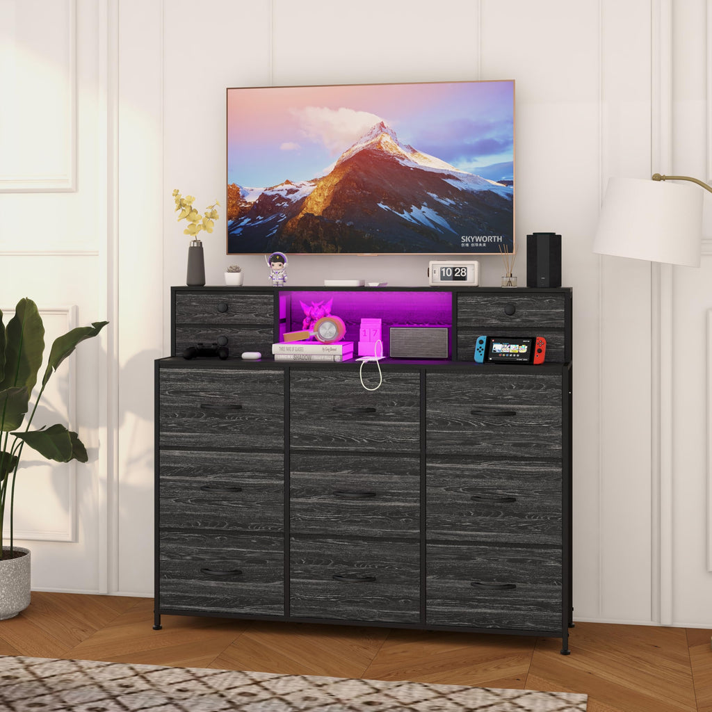 Black Dresser with Charging Station and LED Lights 13 Drawers Dressers Long Dressers & Chests of Drawers Hallway