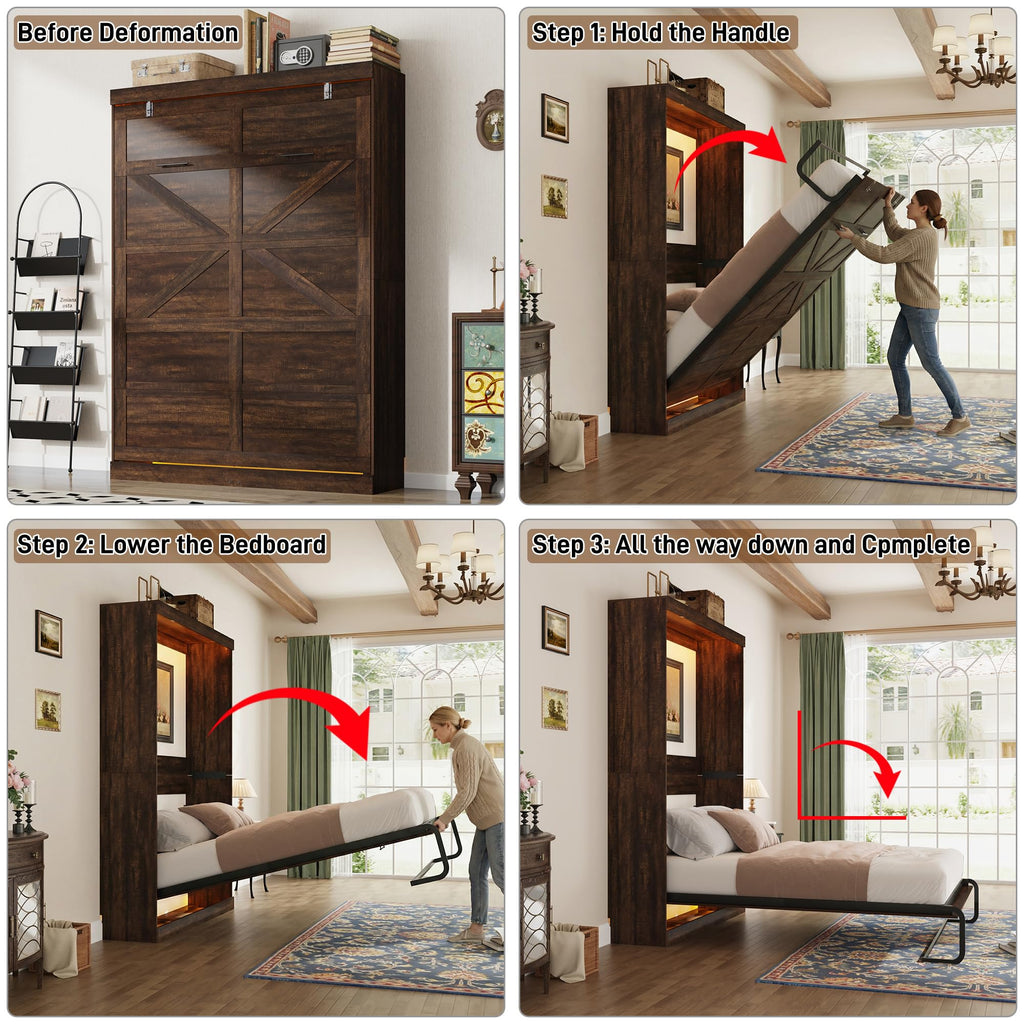Queen Size Murphy Bed w/2 Storage Cabinet&2 LED Light, Farmhouse Wood Hidden Foldable Wall Bed Frame, Storage Bed