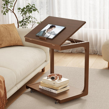 Wooden C-Shaped End Table, Couch Table with Adjustable Desktop, Small Rolling Side Table with 2 Lockable Wheels 23.6"