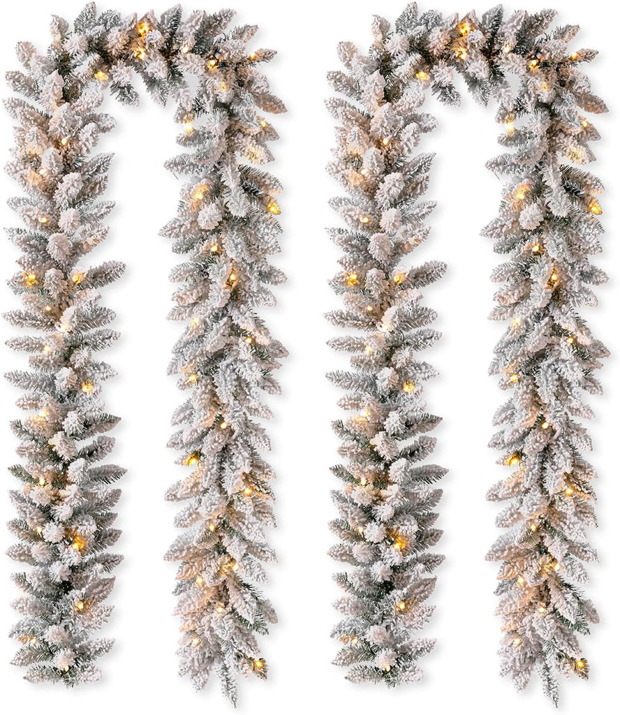 2PCS 9ft Christmas Garlands with Lights, Prelit Snow Flocked Christmas Garlands for Mantle, Fireplace, Windows, Front