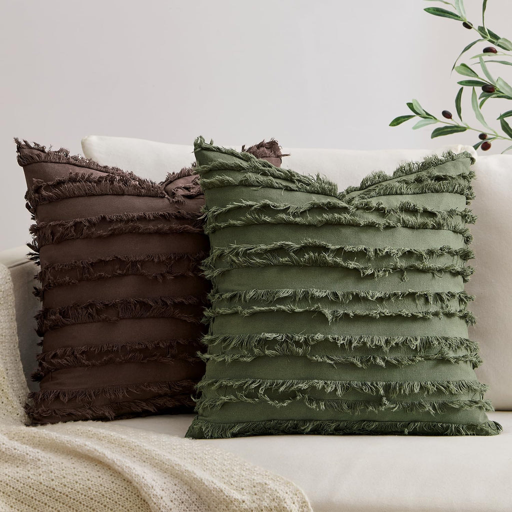 Boho Linen Striped Throw Pillow Covers 18x18, Dark Brown