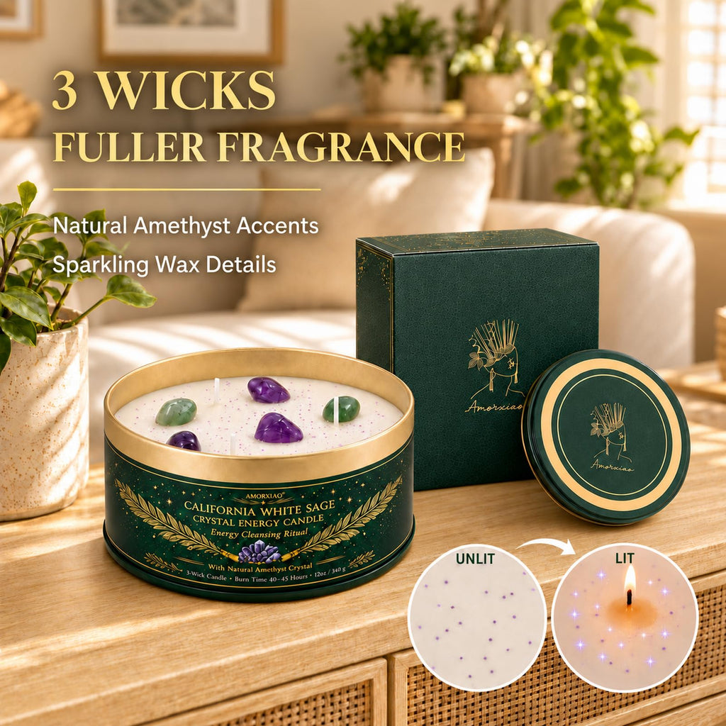 White Sage Candle for Cleansing with Crystals, 12 oz 3-Wick Soy Candle