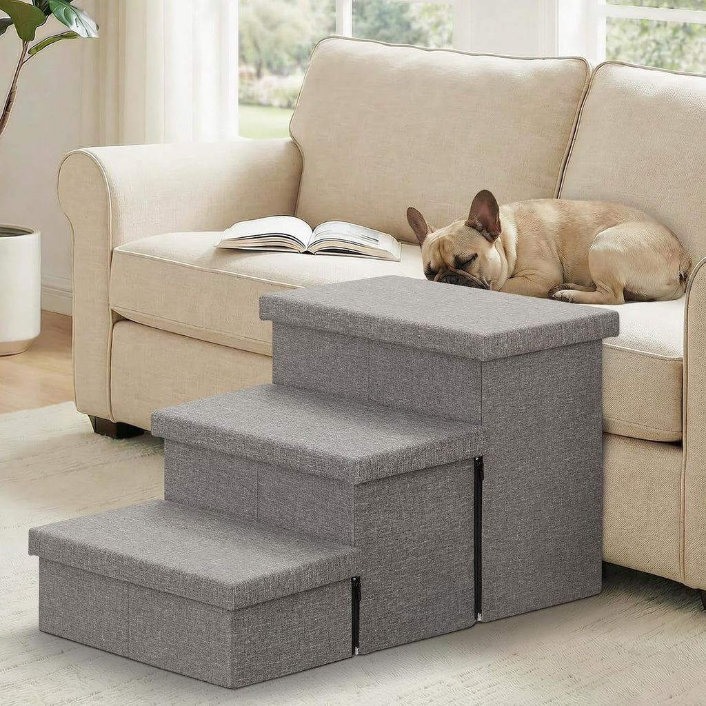 Dog Stairs with Storage, Grey 3 Steps Dog Ramp with Condo for Bed
