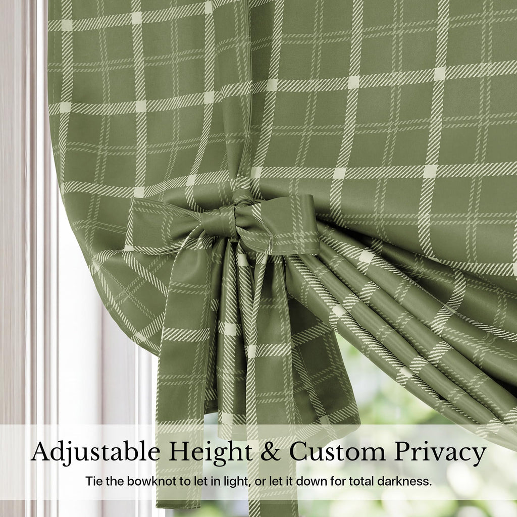 Green Plaid Ballon Shade 100% Blackout Kitchen Curtain, 46x63, 1PC