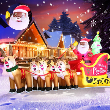 12FT Christmas Inflatables Black Santa Sleigh, Black Santa Claus on Sleigh with Five Reindeers Blow up Giant Yard