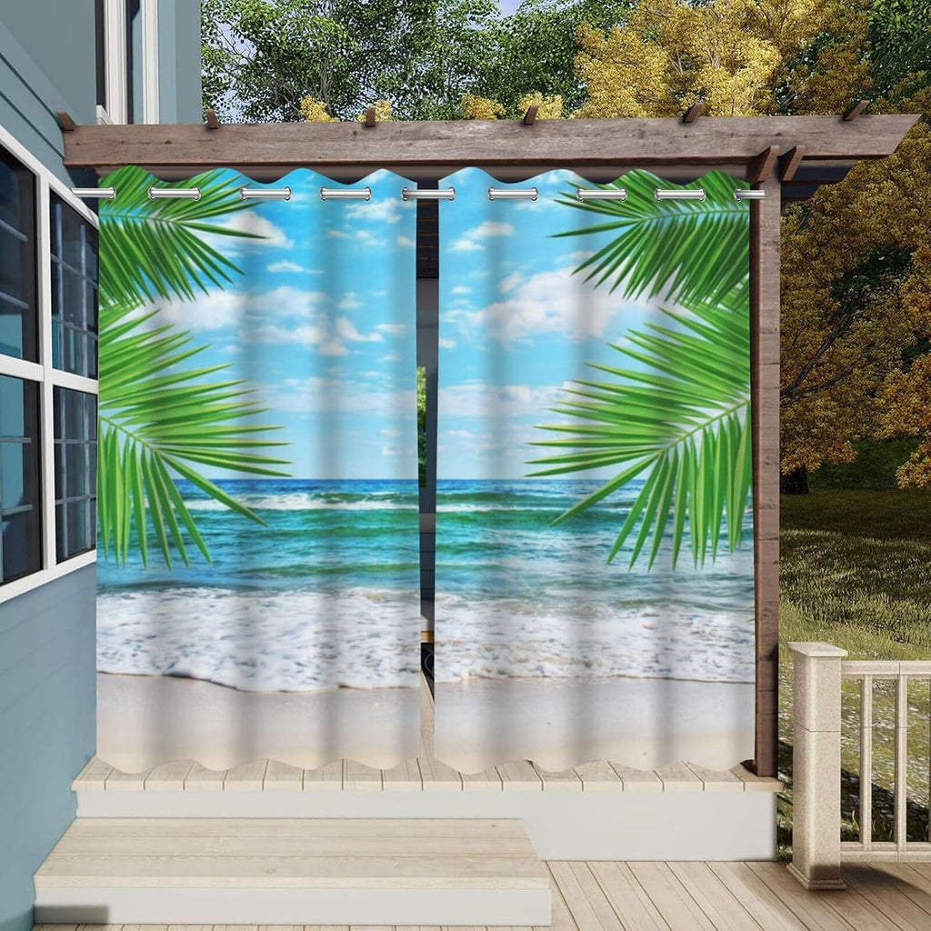 Tropical summer beach Waterproof Outdoor Curtains ,palm leaves waves blue sky Print,Privacy Weatherproof Grommet