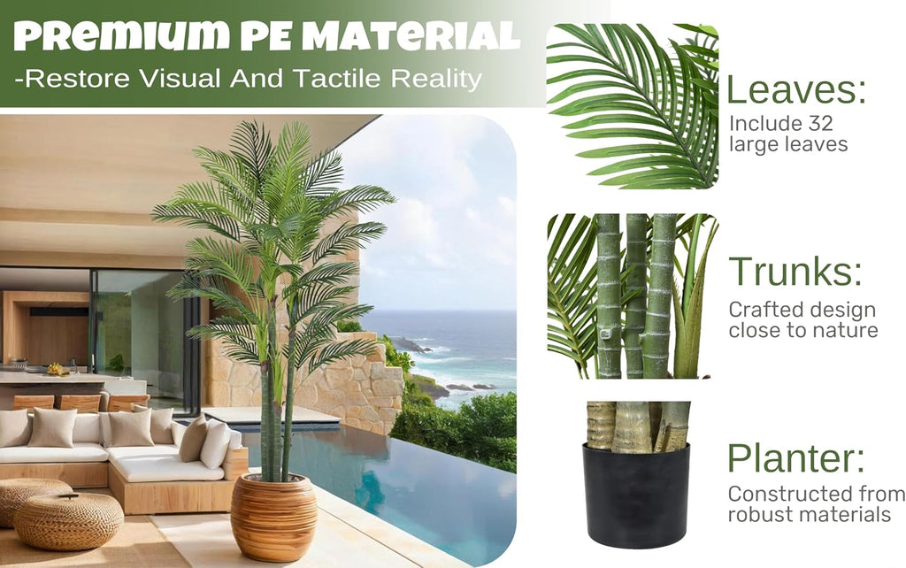 Artificial Areca Palm Tree 8FT with 32 Leaves Realistic Tall Large Fake Faux Tropical Silk Plant 96 Inch Black Pot