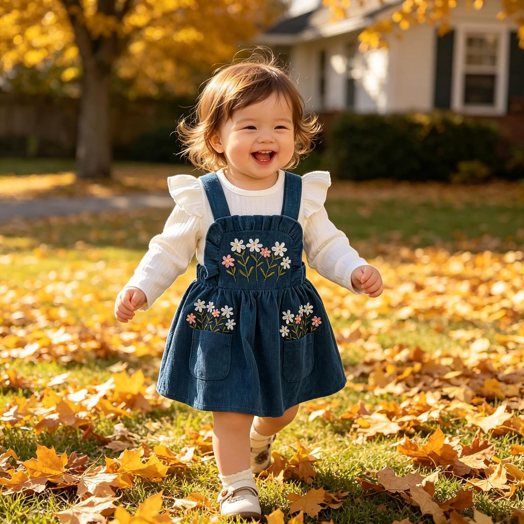 Baby Girl Dress Set Long Sleeve Ribbed Top Embroidered Suspender Dress