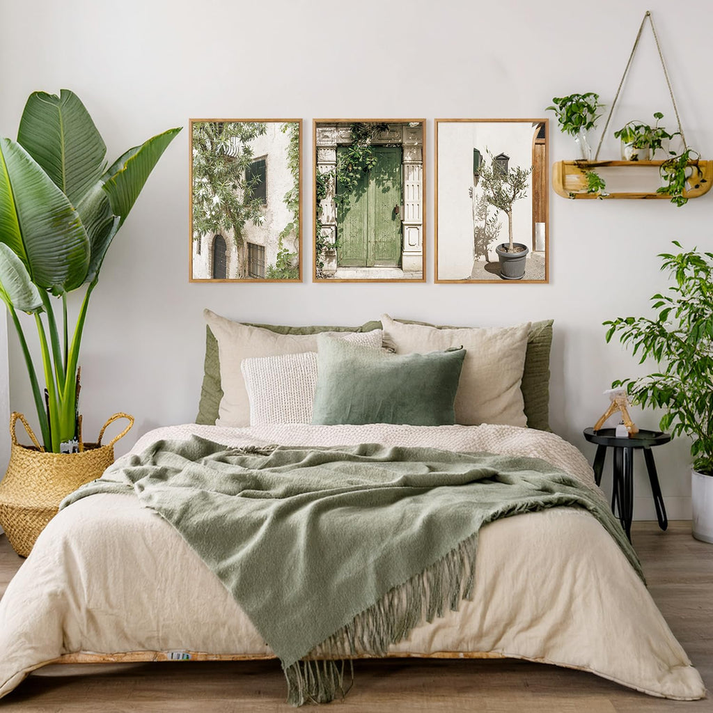 Vintage Italy City Landscape Framed Canvas Wall Set Of 3, Minimalist Country Wall Decor, Nature Green Olive Tree Wall