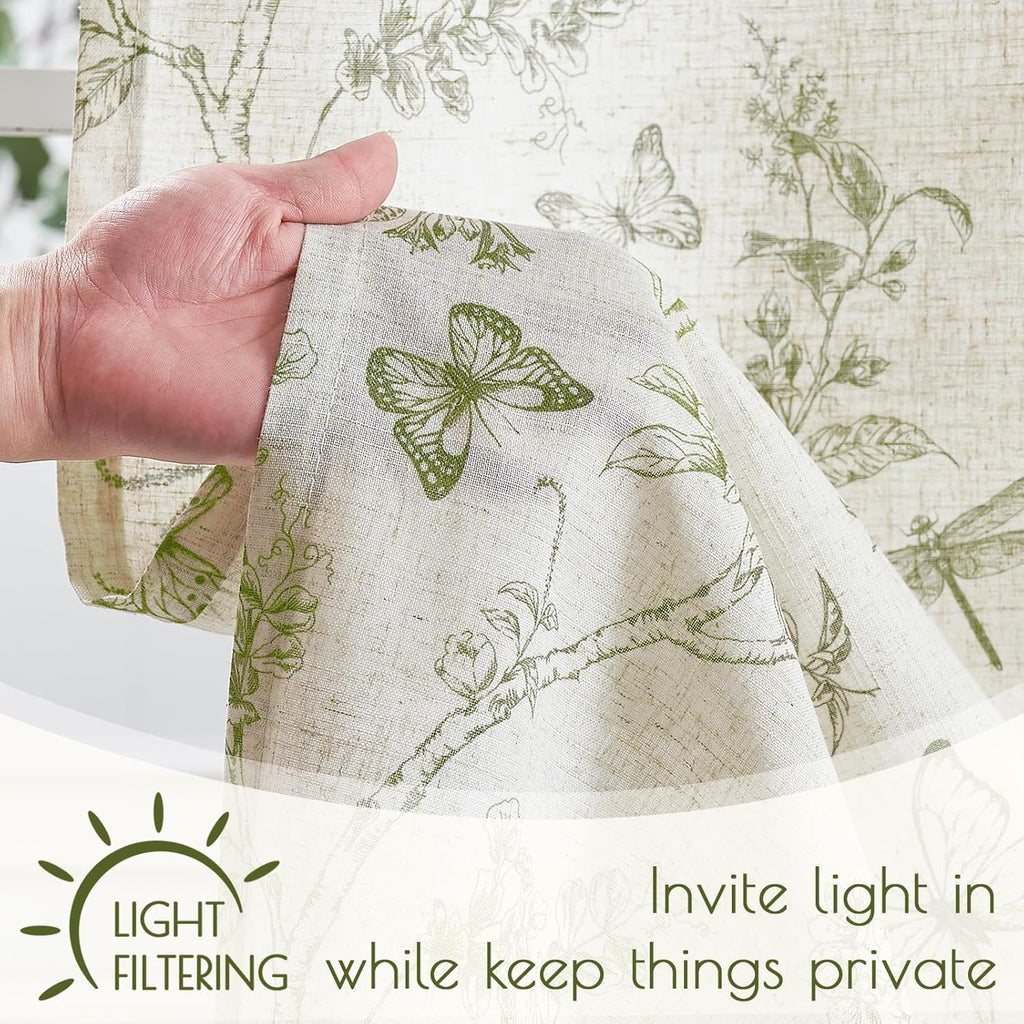 Green Floral Linen Kitchen Curtains 24 Inch Long, Linen Farmhouse Cafe Rustic Country Small Curtains Rod Pocket Tiers