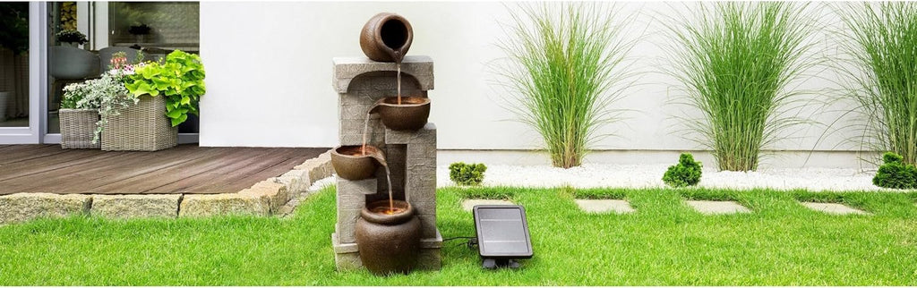 28 in. Cascading Bowls and Stacked Stones LED Outdoor Water Fountain Living Spaces to Create a Calming Oasis