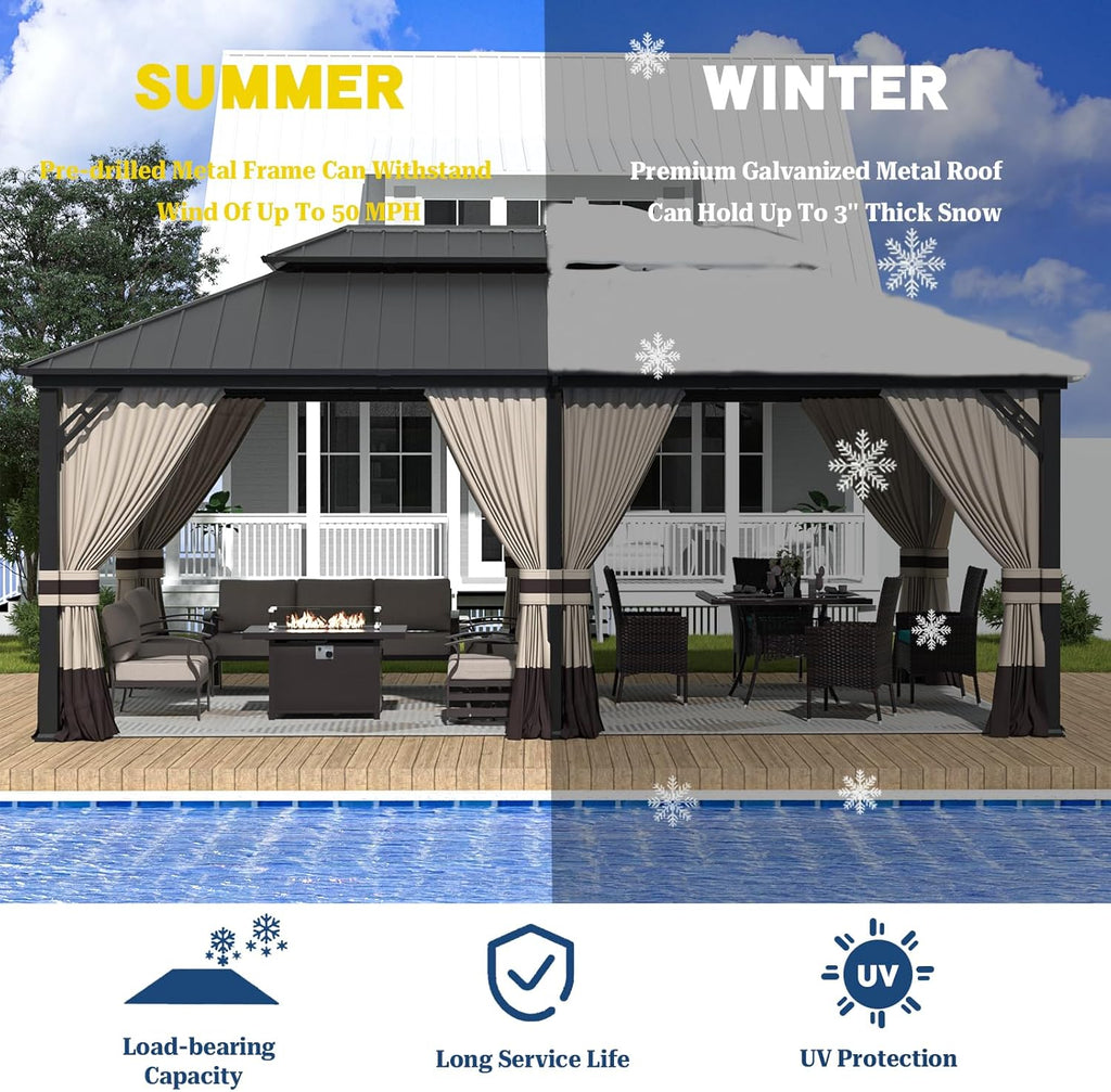 12'x20' Hardtop Gazebo, Outdoor Double Roof Canopy with Netting and Curtains, Galvanized Metal Frame