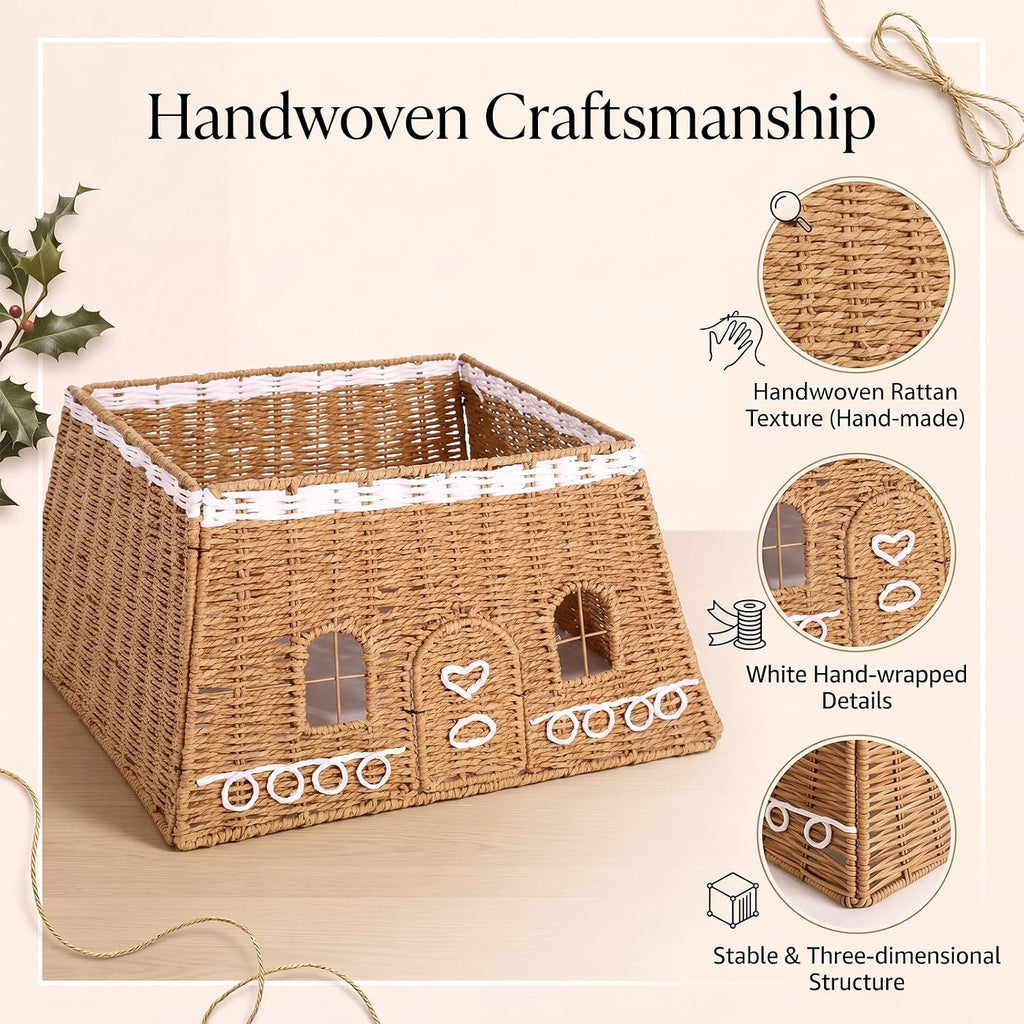 Christmas Gingerbread House Tree Collar, 17 in, Rattan, Brown