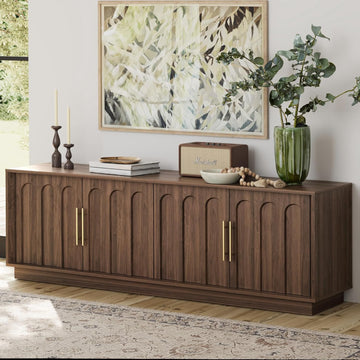 TV Stand for 75 Inch TV, Mid Century Modern TV Stand with Arched Design, Wood Grain Finish, Media Console with