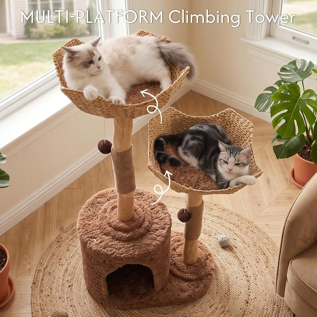 Modern Cat Tree Tower 50" with 2 Handmade Baskets and Large Condo