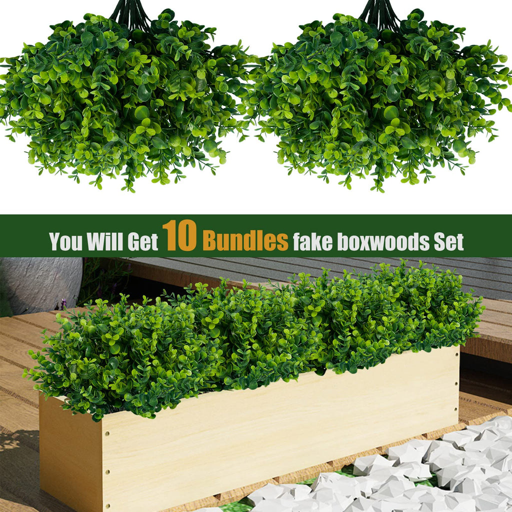 Artificial Greenery Plants Outdoor UV Resistant Fake Plants Boxwood Shrubs Grass, 10 Bundles for Farmhouse Home Garden
