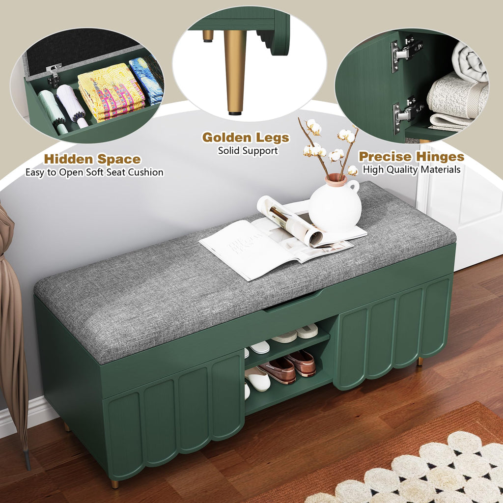 40" Upholstered Flip Top Entryway Shoe Bench, Green