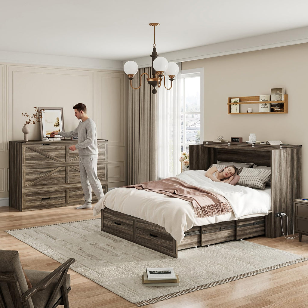 Queen Size Farmhouse Murphy Bed with Drawer&Charging Station, Grey