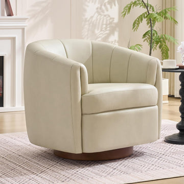 Swivel Accent Chair, PU Leather Barrel Armchair with Wood Base, Cream
