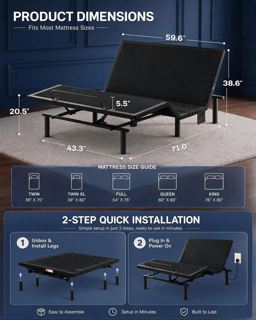 Queen Adjustable Bed Frame with Massage, Electric Adjustable Bed Base with Head & Foot Incline, Quiet Motor
