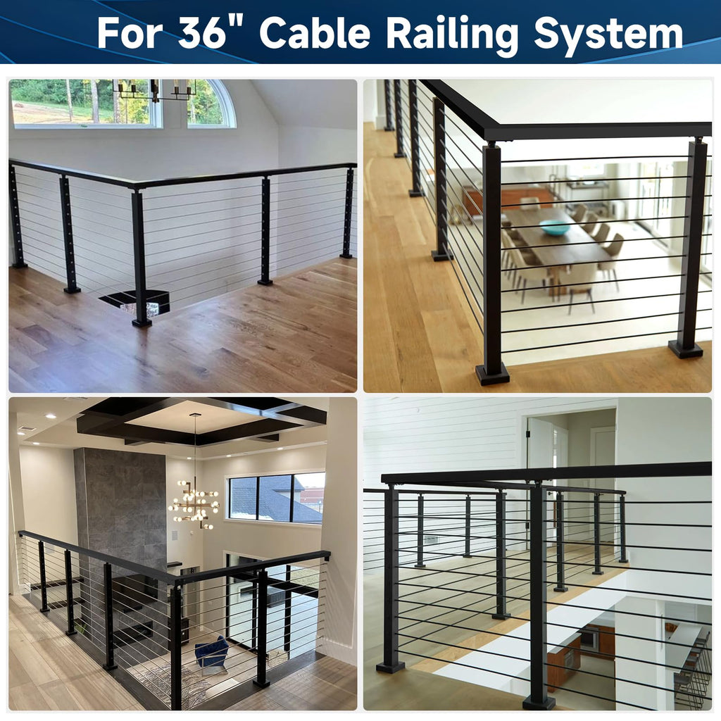 36" Modular Black Cable Railing Corner Post, L-Drilled Two-Side Hole
