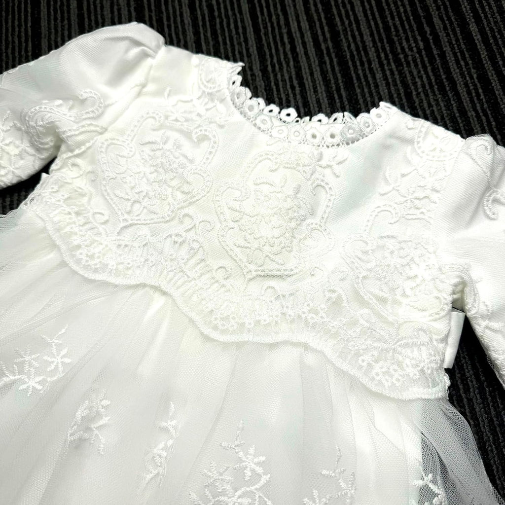Baby Girls Long Sleeve Christening Dress Classic Embroidered Baptism Tulle Dress