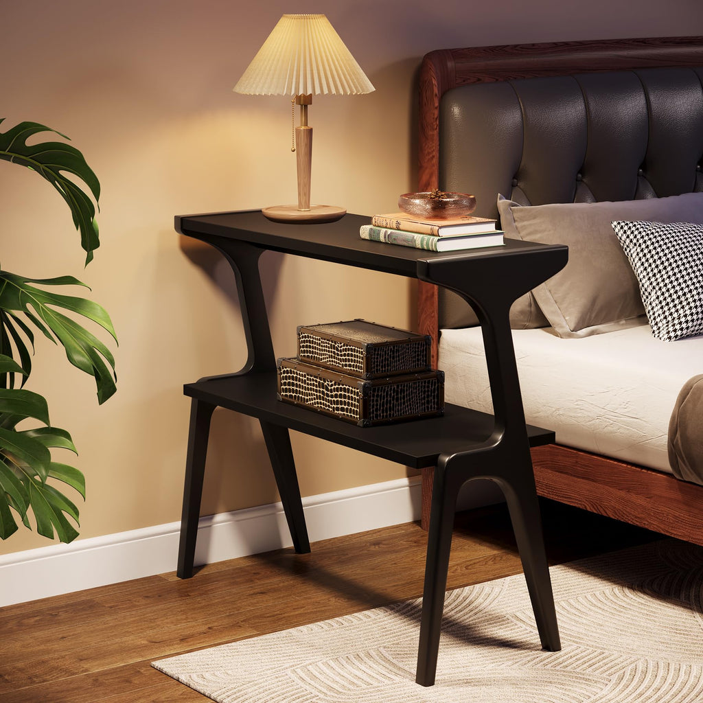 2-Tier Solid Wood Side Table, Modern Black End Table with Storage Shelves, Tall Slim Side Table for Couch with Unique