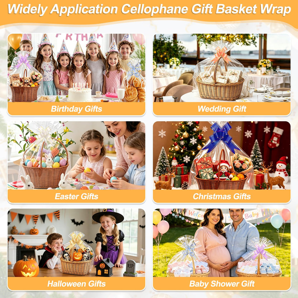 75PCS Clear Cellophane Bag for Gift Baskets 5 Sizes with Pull Bows