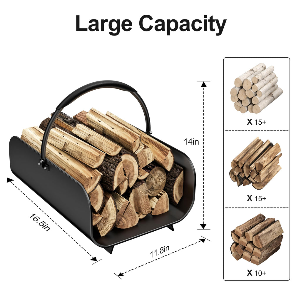 Firewood Basket with Handles, Metal Firewood Holder for Indoor Fireplace