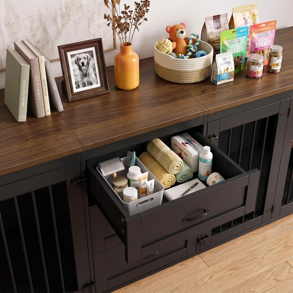 Double Dog Crate Furniture with 3 Drawers, Dog Kennel Indoor