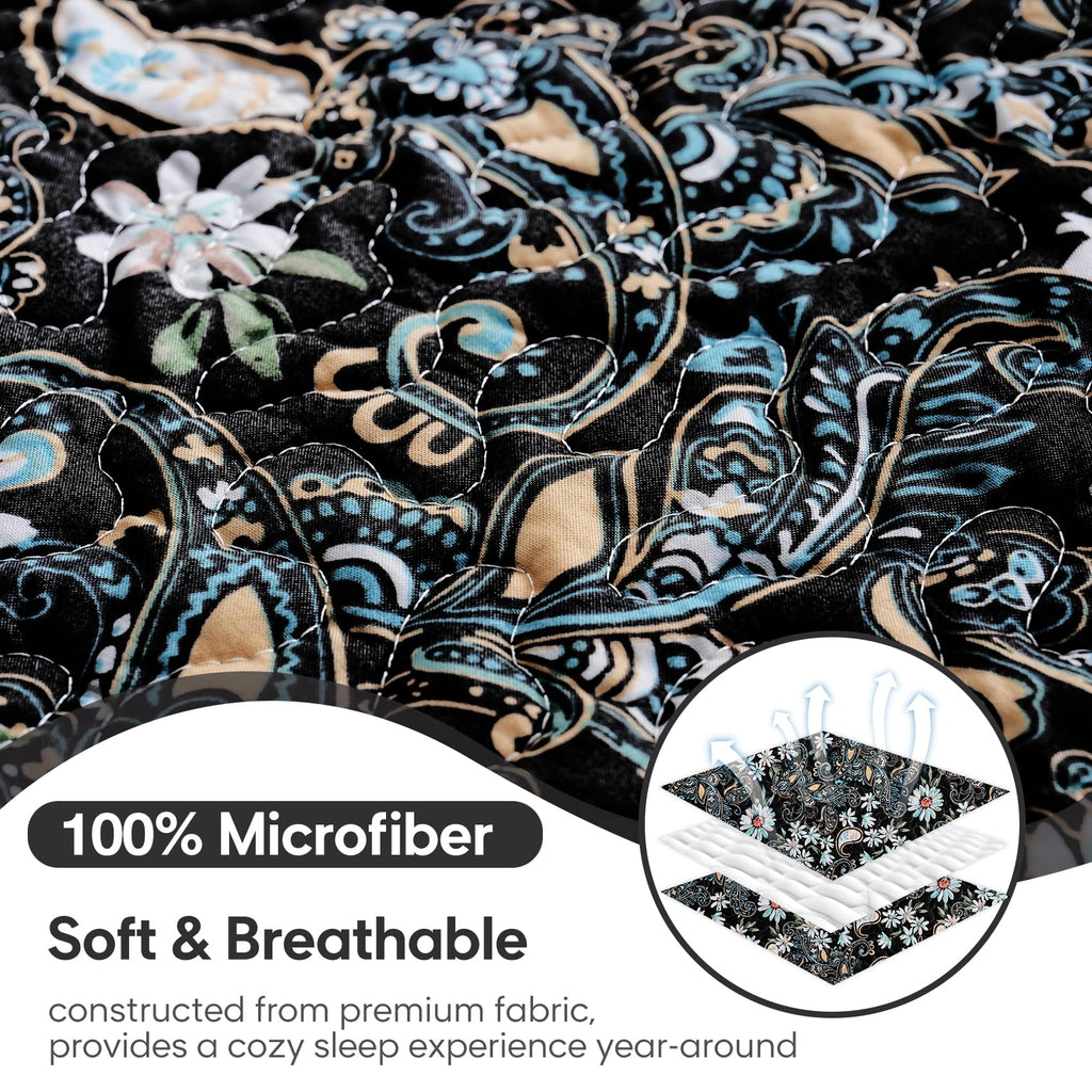 Black Paisley Floral Quilt Set, Microfiber Quilted Blanket