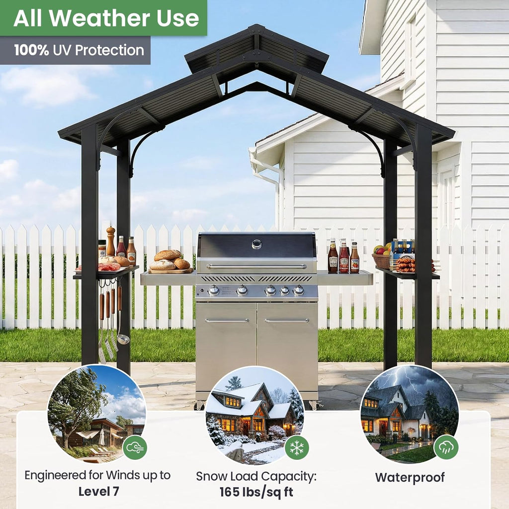 8 x 5FT Hardtop Grill Gazebo, Outdoor BBQ Gazebo w/Galvanized Steel Double Roof